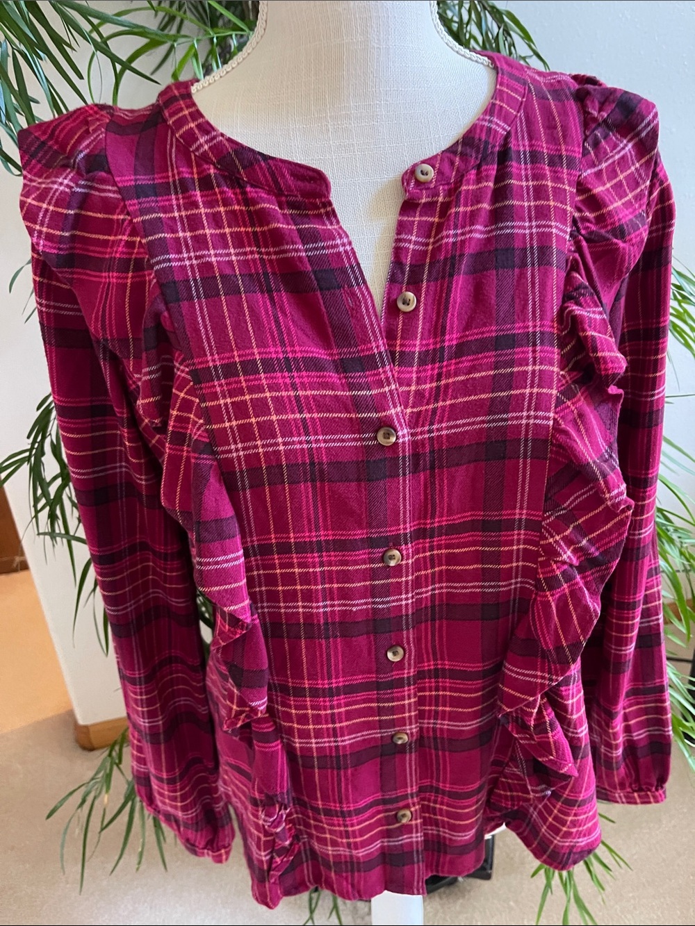 Sonoma Fuchsia Plaid Ruffle Button-Front Top